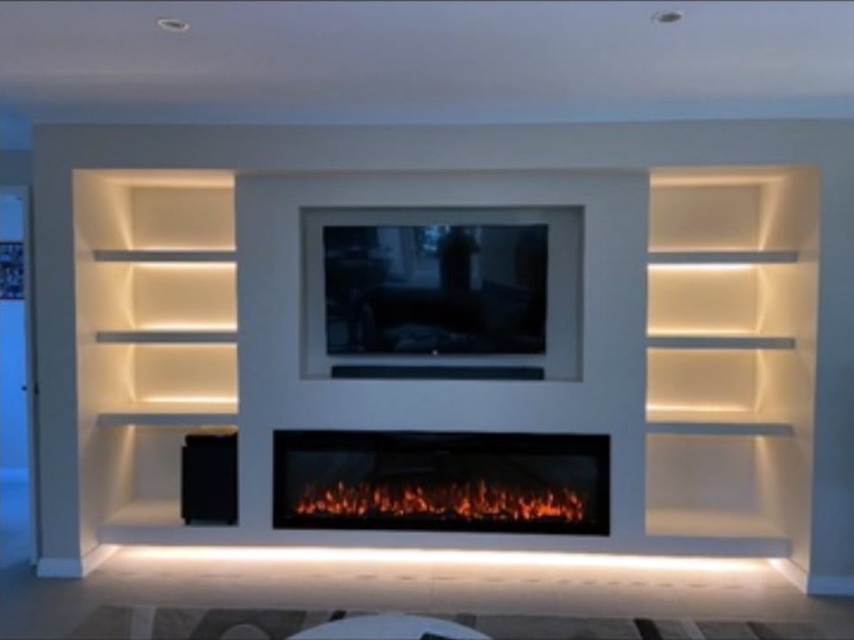 Feature wall with LED strip lighting and fireplace
